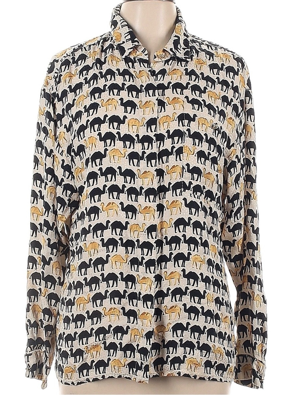 Maggy London 100% Silk blouse with black and tan camel print 🐫